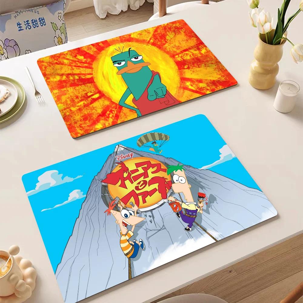 

Cartoon P-Phineas And F-Ferb Kitchen Dish Mat Absorbent Dining Table Mats Retro Non-slip Placemat Coffee Dish Tableware Mat