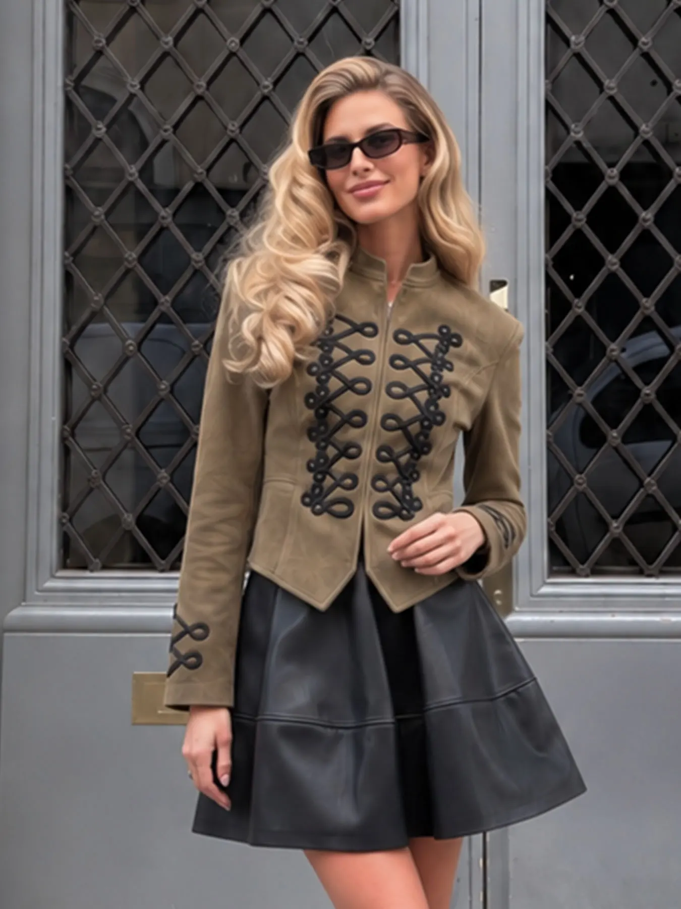 HH Chic Ladies Cropped Faux Suede Jacket Vintage Party Stand Neck Long Sleeve Outerwear Casual Autumn Decorative Knot Coat