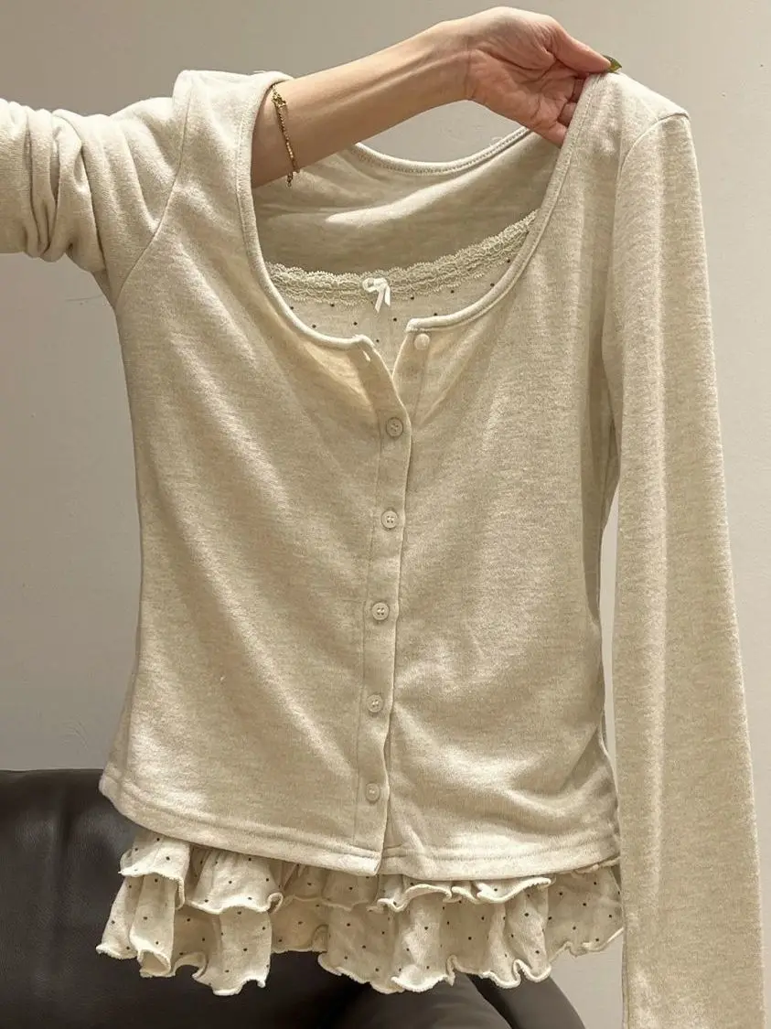 Korean Style Long Sleeve Open Cardigan Women's Sweet Blouse Inner Polka Dot Two-Piece Spring Commute Loose Fit U-Neck Coat
