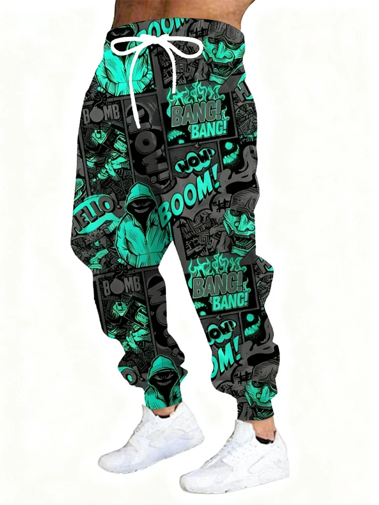 

Новые мужские повседневные брюки с 3D зеленым принтом, уличные дышащие спортивные брюки, стильные уличные брюки на шнурке, мужские брюки с манжетами