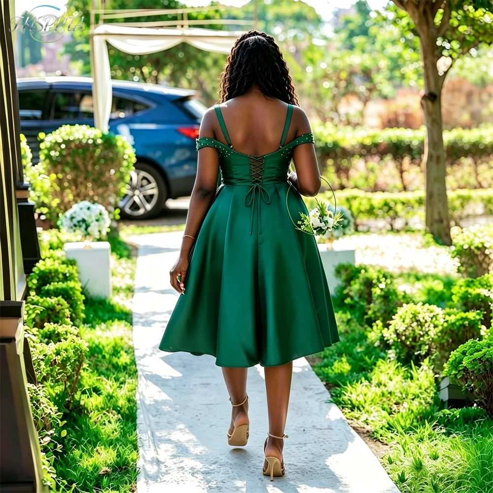 High Qulity Short Green Bridesmaid Dresses Beading Appliques Satin A Line Straps 2026 Wholesale Wedding Guest Gowns Cheap