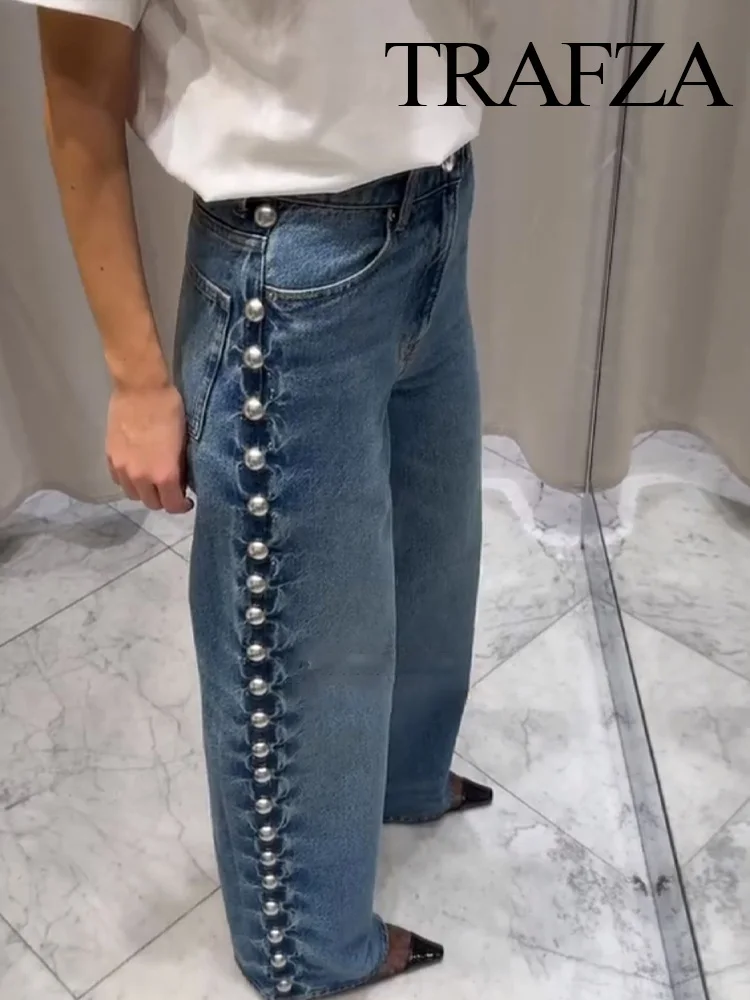 

TRAFZA Women's Summer New Retro Loose Side Bead Rivet Decorative Jeans Female Casual Versatile Slim Long Straight Trousers Mujer