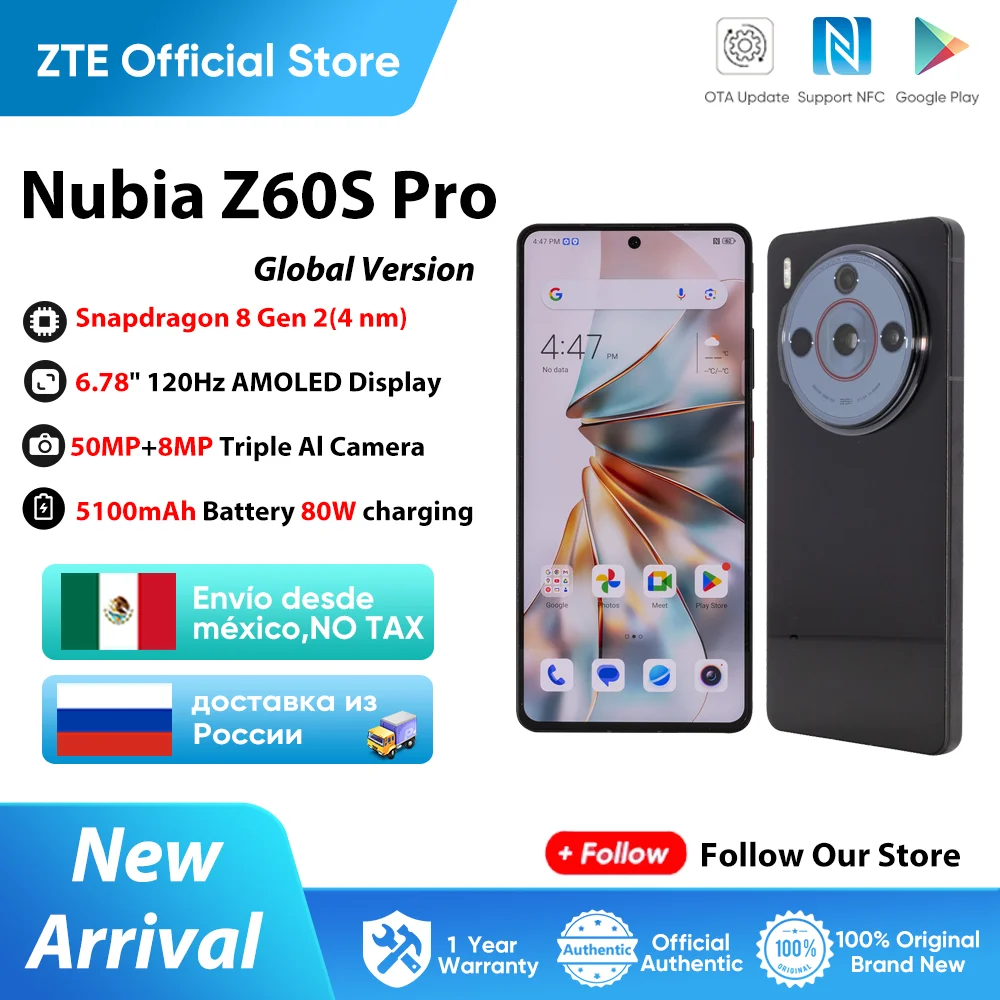 Nubia Z60S Pro Global Version สมาร์ทโฟน 6.78 "Snapdragon 8 Gen2 5100mAh แบตเตอรี่ 80W ชาร์จกล้องดาวเทียม AI NFC รุ่น NX725J