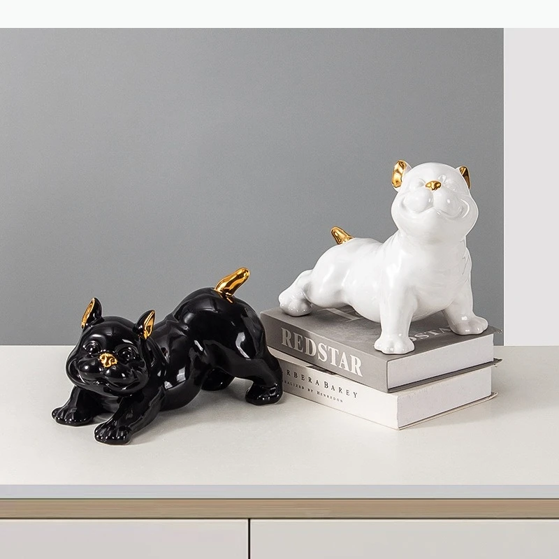 Ornement de chien en céramique noir et blanc, statue d'animal mignonne, modèle de décoration pour chambre d'enfant, artisanat, sculpture de bureau, figurines décoratives