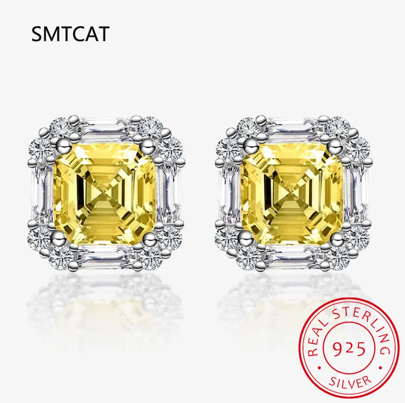 Sparkling 925 Sterling Silver Princess Cut Simulated Moissanite Citrine Square Stud Earring for Women Wedding Gift Drop Shipping