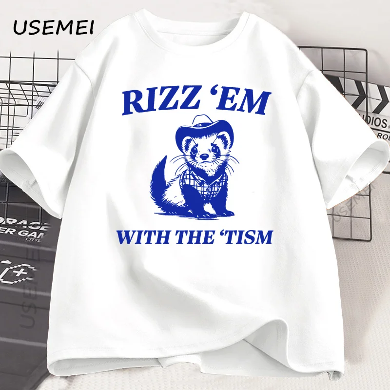 Rizz Em with The Tism Ferret T Shirt Funny Romantic Autism Tshirt Silly Retro 90s Tshirt Cotton Short Sleeve Mens Clothes Tops