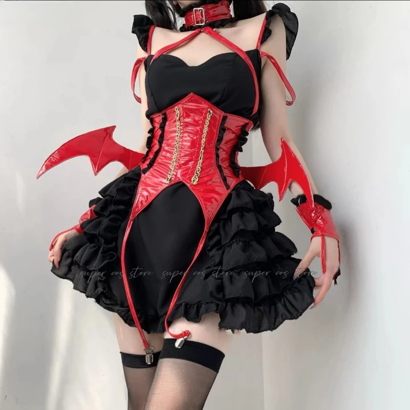 Anime japonês lolita vestido feminino halloween diabo empregada unifrom cosplay trajes sexy sem costas babados festa de fadas mini vestidos