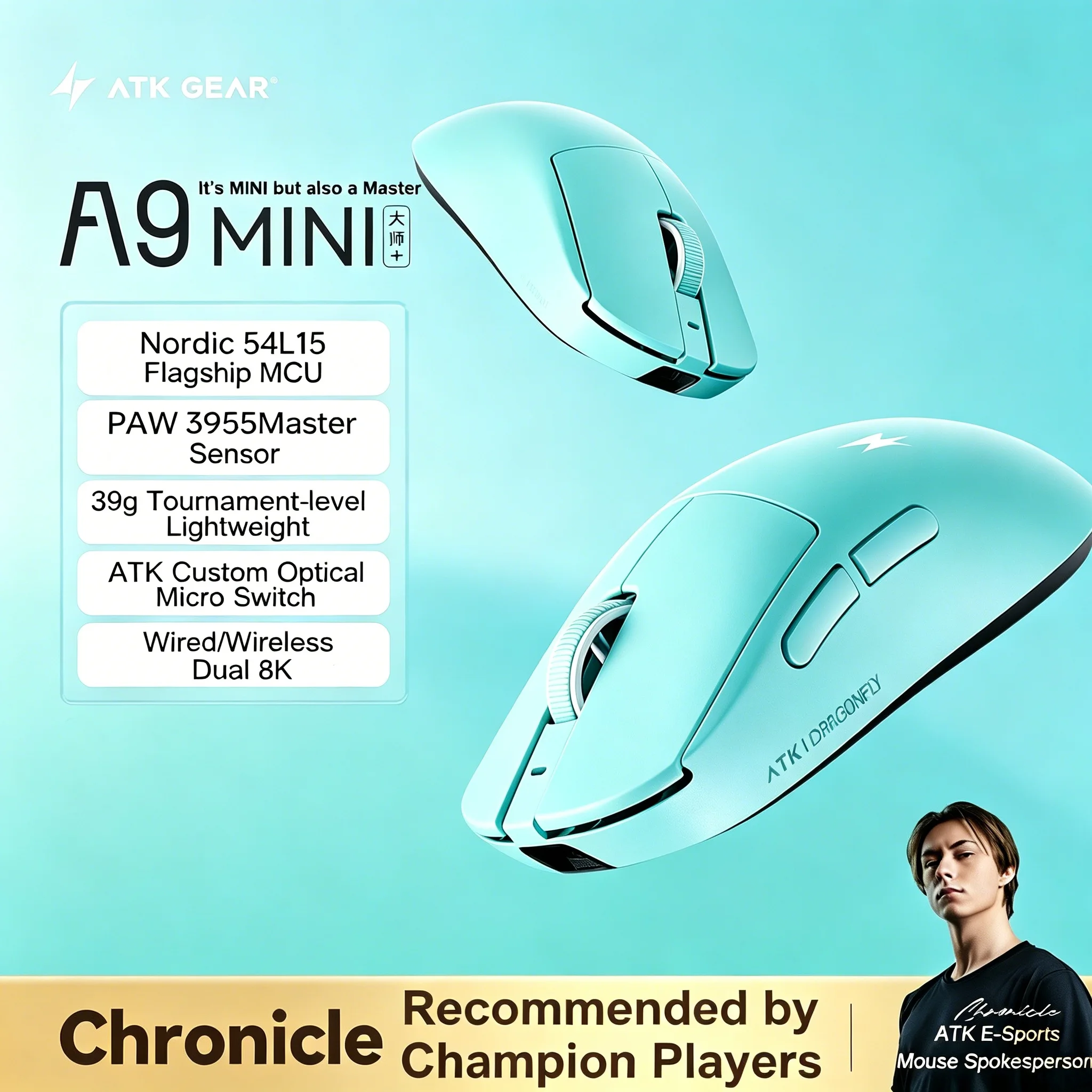 NEW ATK A9 MINI Dual Mode Gaming Mouse Dual 8K PAW3955 Master Lightweight Wireless Esports Mouse PAW3950 Ultra for FPS Gaming PC