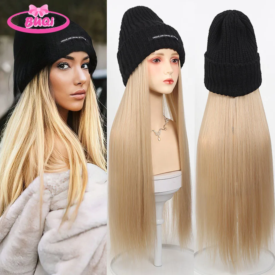 Long Synthetic Beanies Hat With Hair Wigs For Women 22inch Straight Hair Synthetic Wig Warm Soft Ski Knitted Autumn Winter Cap