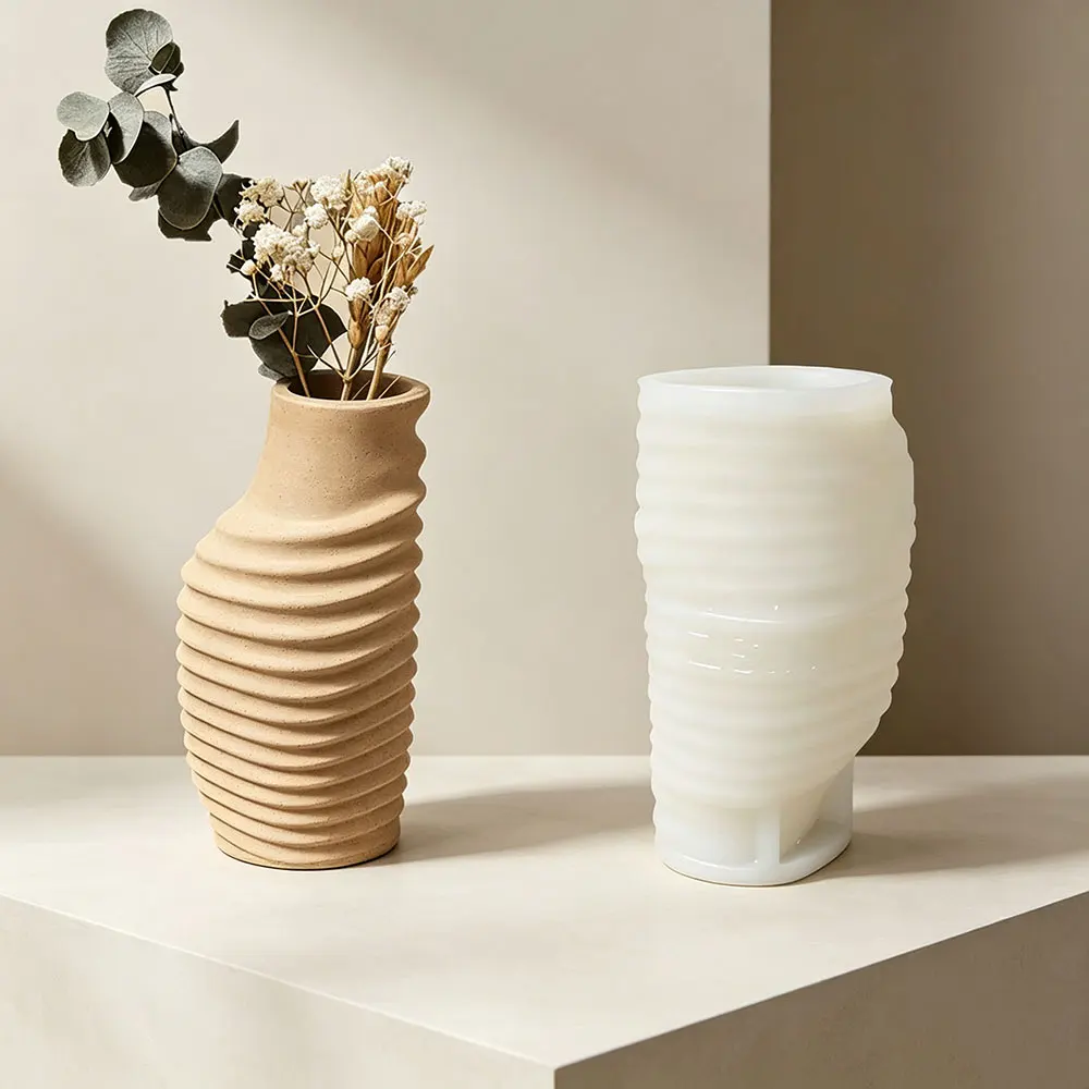 Wabi-Sabi Ribbed Vase Silicone Mold for Concrete Plaster Resin Cement Spiral Flower Pot Diffuser Vessel Home Decor Mold