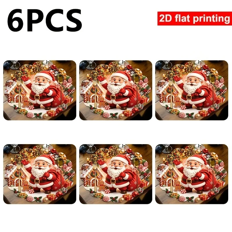 Santa Claus Xmas Tree Snowflake Ornament Print Table Mat Classic Red Winter Holiday Dining Table Decor
