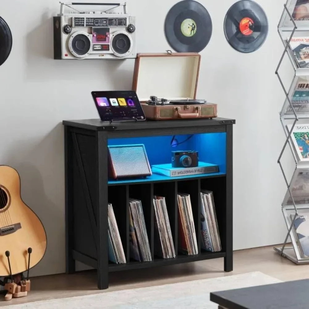 Record Player Stand with Charging Station, Vinyl Records Storage Holder Cabinet Holds Up To 230 Albums, Turntable Stand