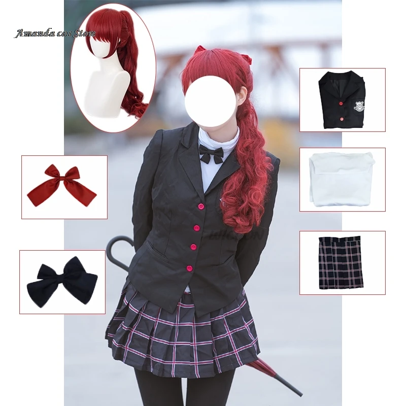 Spiel Persona 5 Kasumi Yoshi zawa Cosplay Kostüm Perücken Schuluniform Kleid rotes Haar Halloween Frauen Kostüme schwarzer Anzug Karneval