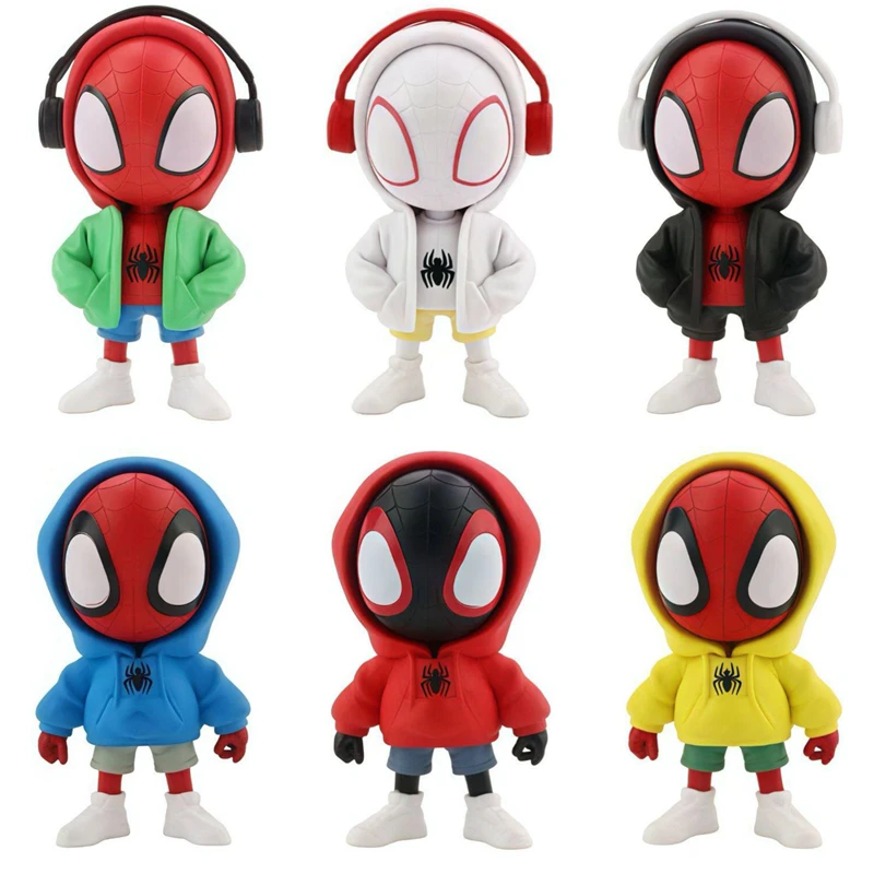

Набор из 6 фигурок Человека-паука и Скарлет-паука, 9 см, в свитшотах, аниме-модели, кавайные Q-версии, фигурки Мстителей, ПВХ-модели, игрушки-куклы, подарок