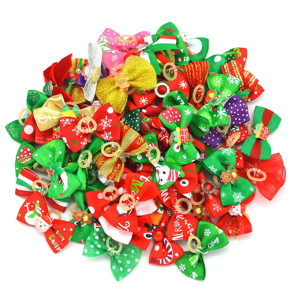 100PCS Christmas Dog Hair Bows Cute Dog Bows Fashion Pet Dog Hair Accessories with Santa Claus Snowman Bows/rubber for Dogs