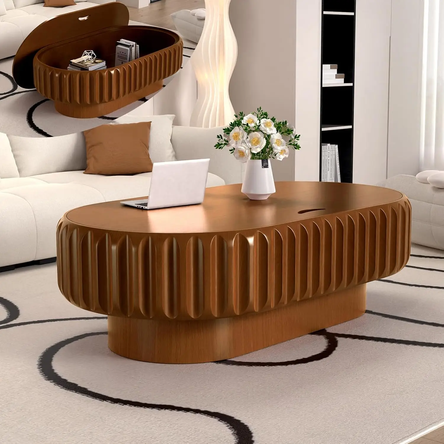 

Oval Coffee Table Storage Wood Veneer Drum Fluted Living Room Small Space Apartment 43.3in, Customized