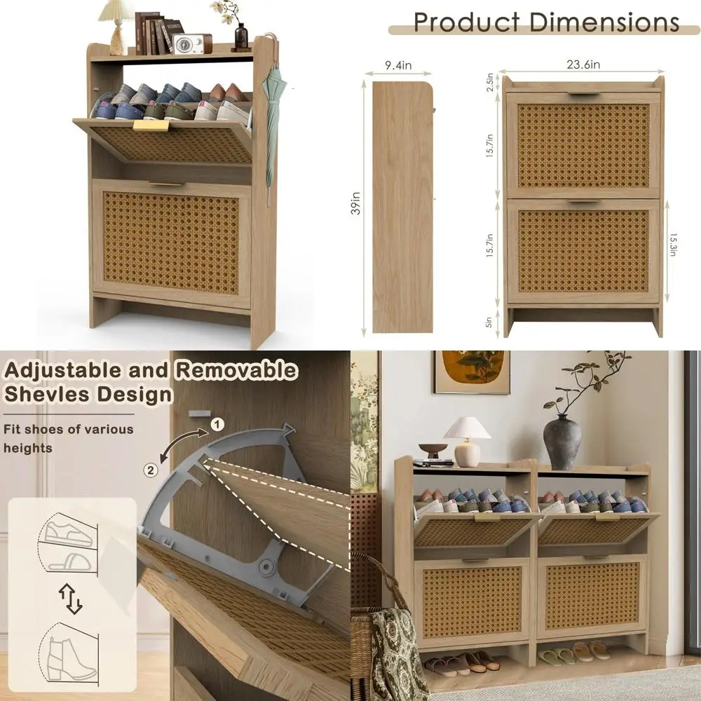 

FNCK Rattan Shoe Cabinet Storage for Entryway, Boho Hidden Shoe Storage Cabinets with 2 Flip Drawers, Wood Freestanding Organize