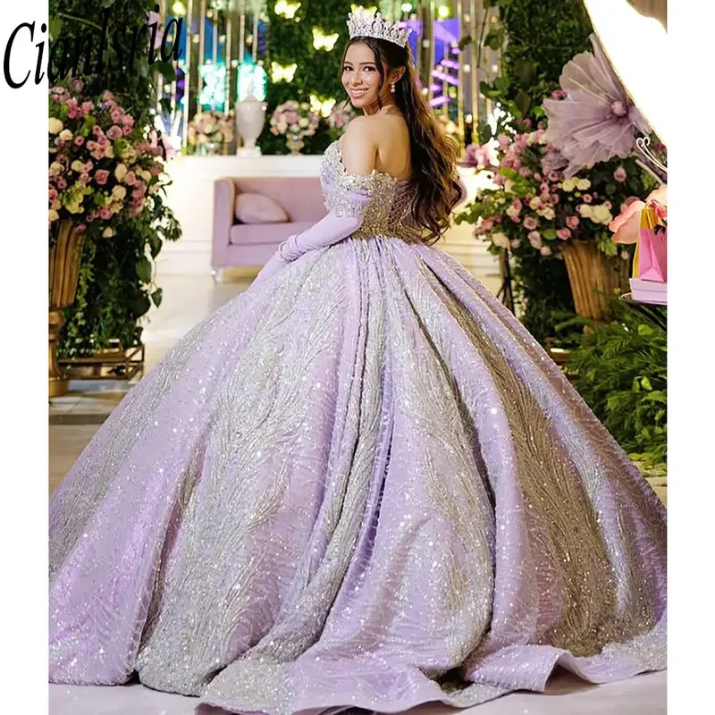 Lila luxe kristal kralen Quinceanera jurken baljurk off-the-shoulder Sweet 15 Años Mexicaans op maat