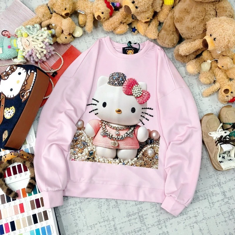 Korean Style Age-reducing Fashion Heavy Industry Bead Cartoon Printing Hoodies Loose And Thin New Long-sleeved Sweatshirts Women