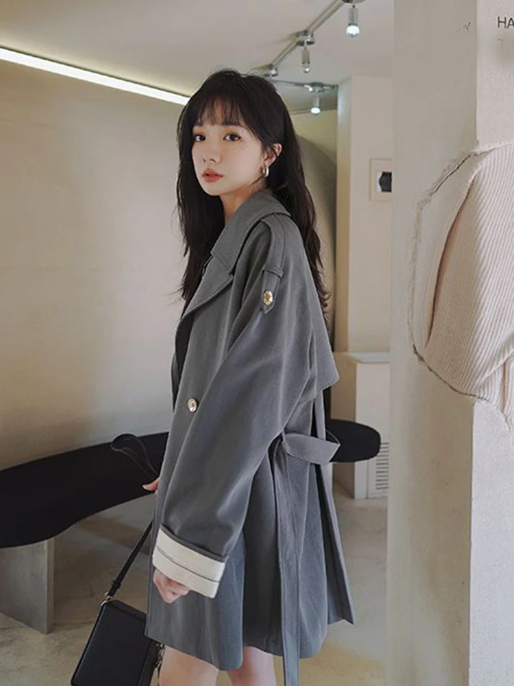 Jmprs Fashion Women Grey Trench Elegant England Double Breasted Jacket Casual Patchwork Long Sleeve Design Loose Simple Coat New