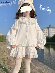 Japanese Girls Sweet Lolita Blouses Cute Bow Ruffles Rabbit Ear Peter Pan Collar Long Sleeve Shirt Women Kawaii Student Clothing