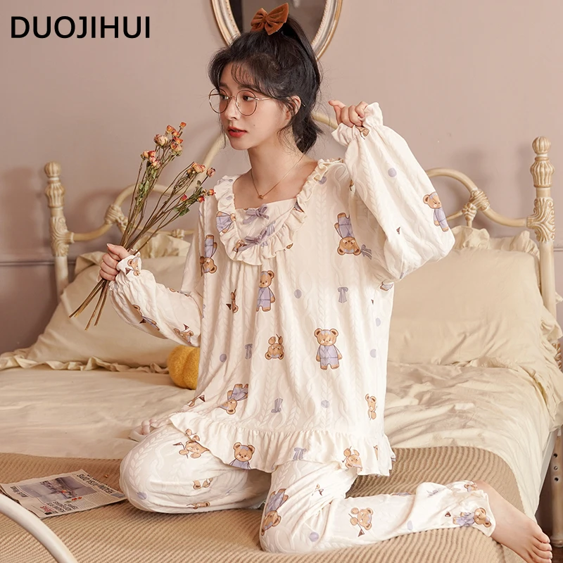 DUOJIHUI Autumn Classic Two Piece Loose Female Pajamas Set New Sweet Pullover Simple Pant Fashion Casual Home Pajamas for Women