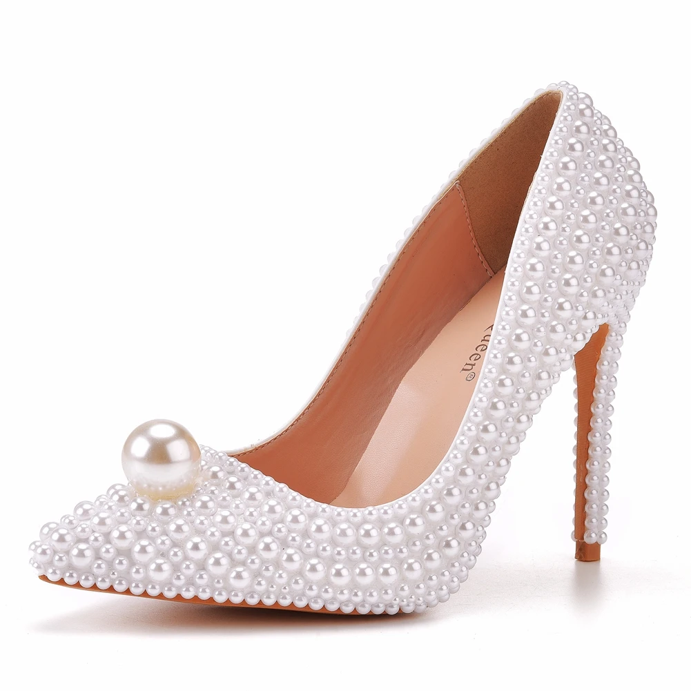 

Crystal Queen Women Pumps Fashion Pointed White Pearl High Heels 11cm Stiletto Beige Bridal Wedding Pary Shoes