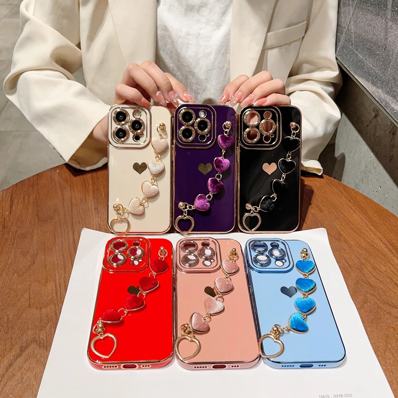 Luxury Soft Love Heart Bracelet Phone Case For iPhone 11 12 13 14 Pro Max XS X XR 7 8 Plus SE 2020 2022 lint Bumper Back Cover