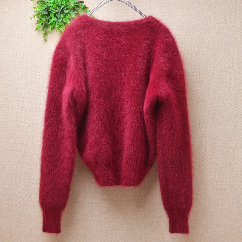 Women Mujer Autumn Winter Clothing Hairy Mink Cashmere Knitted V-Neck Long Sleeves Slim Cardigans Crop Top Angora Sweater Jacket