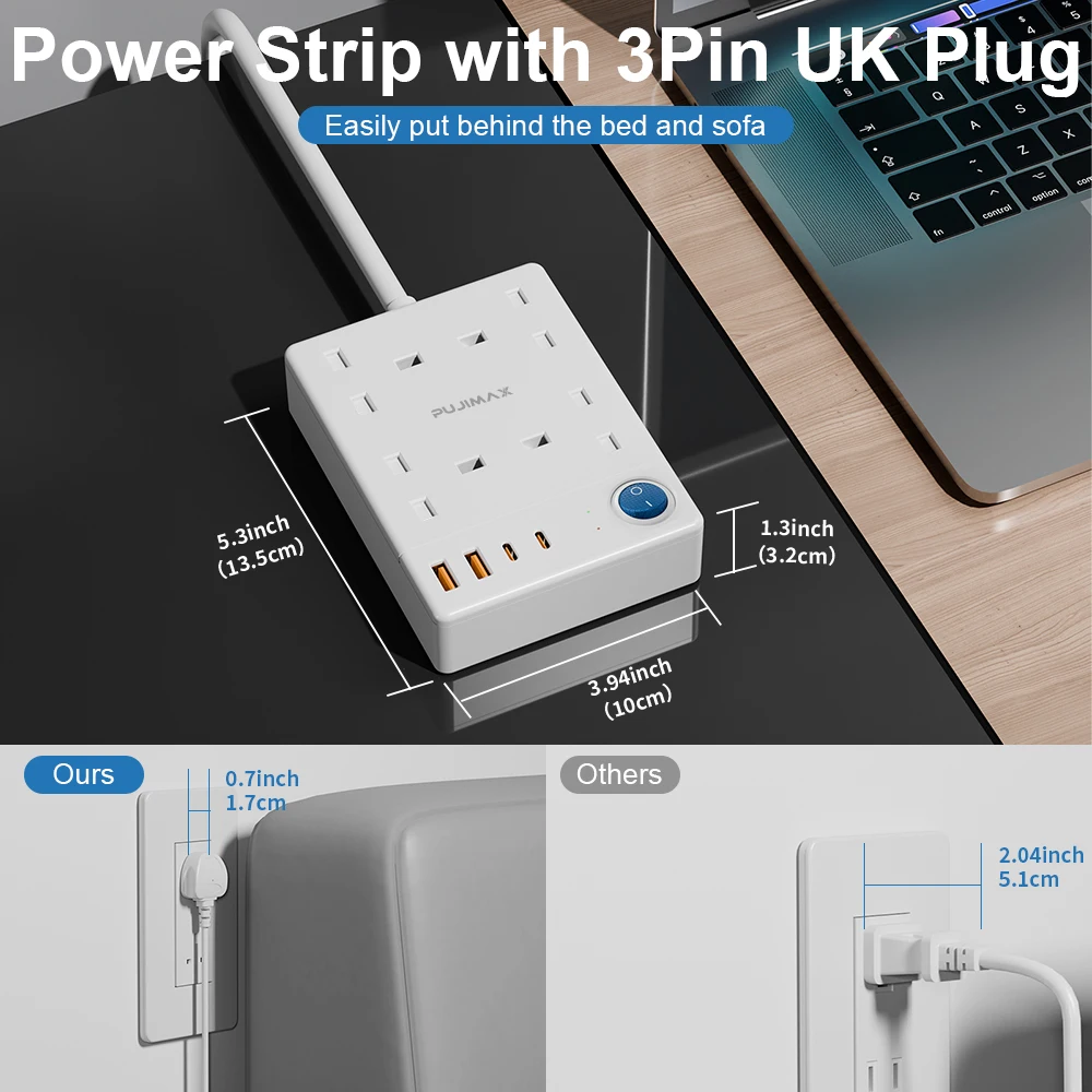 PUJIMAX  Flat Plug Power Strip With 4  Outlets +2 USB-A +2 USB-C 8 In 1 Electric Socket With 1.5 Ultra Thin Extension Cord