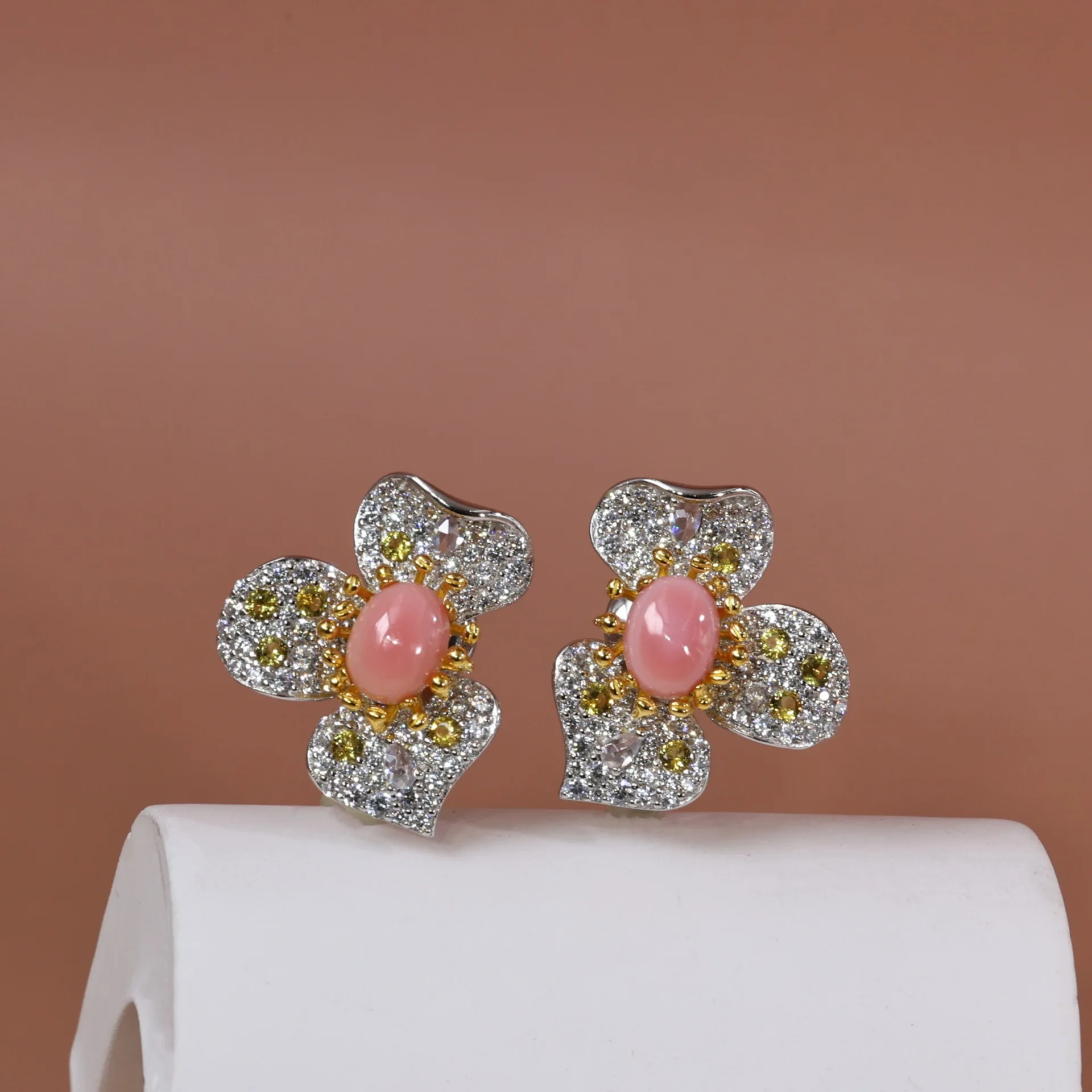 925 Silver Natural Conch Pearl Pink Gemstone Earrings, Full Diamond Flower Luxury Studs, Elegant Jewelry Gift