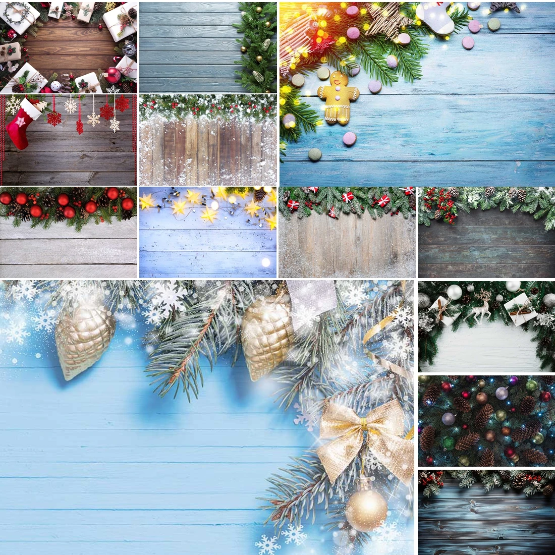 

MOON.QG Merry Christmas Photography Background Floor Pine Blue Wooden Board Backdrop Photo Studio Family Party Wallpaper Decor