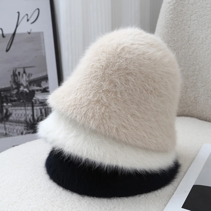

Bucket Hat Angora Women Fluffy Warm Accessory For Autumn Winter Outdoor Climb Cycling