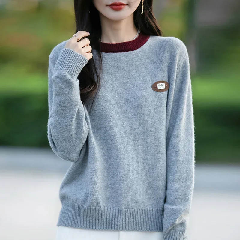 

Pop Spring Knitted O-neck Sweater Women Patchwork Long Sleeve Tops Female Pullover Autumn Winter Casual Loose Fashion Basics Jum