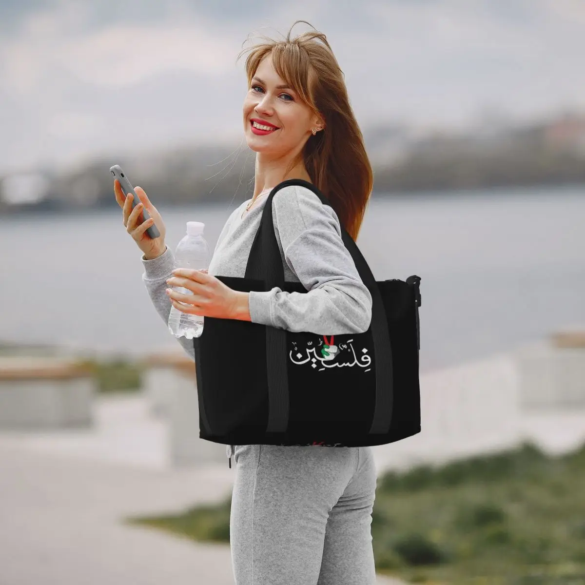 Nome personalizzato della calligrafia araba con bandiera palestinese Borsa per la spesa a mano Borsa per la spesa da donna Borse da viaggio per palestra da spiaggia di grande capacità