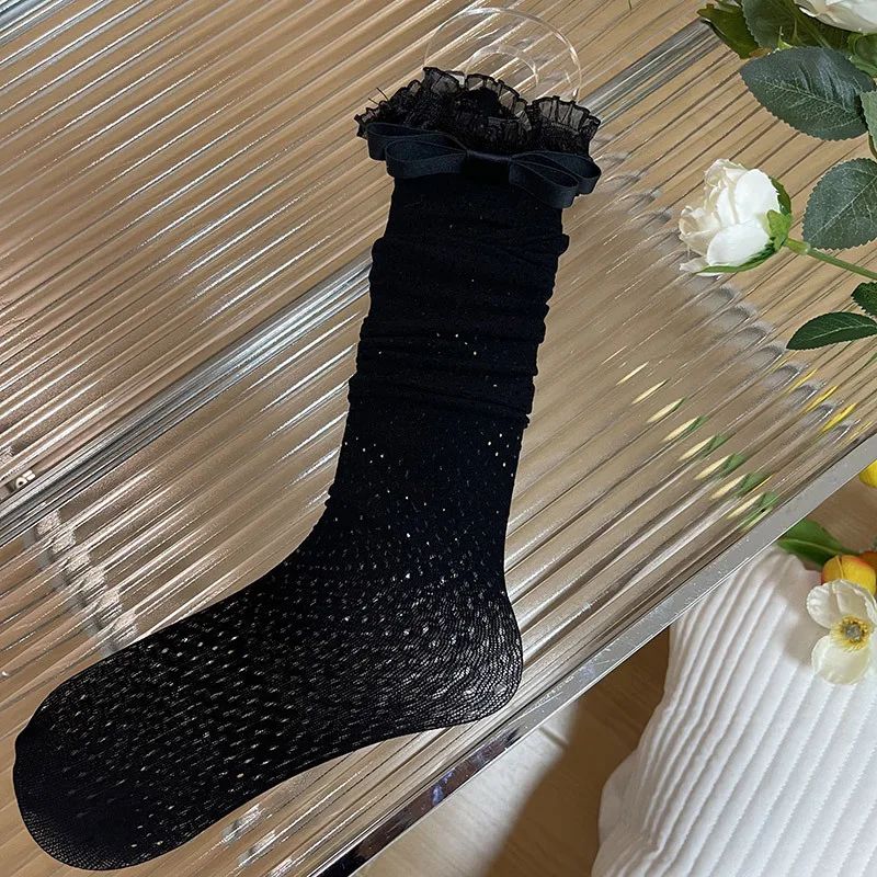 Y2K الفخذ العليا الفتيات جوارب الدانتيل شبكة صيد السمك الحلو النساء جوارب الفخذ العليا الجوارب JK لوليتا Kawaii Bowknot جوارب طويلة إلى الركب #6