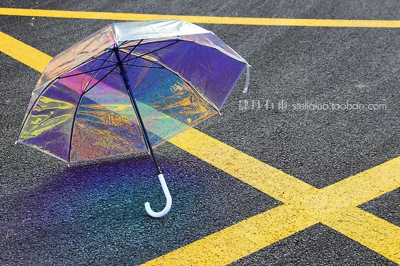 Colorful Rainbow Umbrella Transparent Color Changing Windproof Long Handle Umbrella Women\'s Sunshade Reinforced Sun Rain Gear