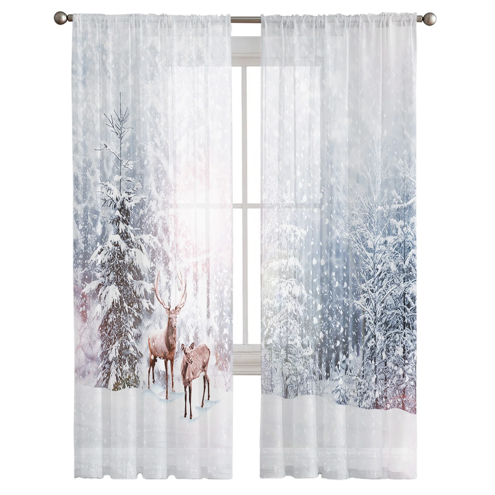 Snowing Winter Elk Christmas Tulle Curtains for Living Room Decoration Bedroom Sheer Curtains Room Kitchen Window Treatment