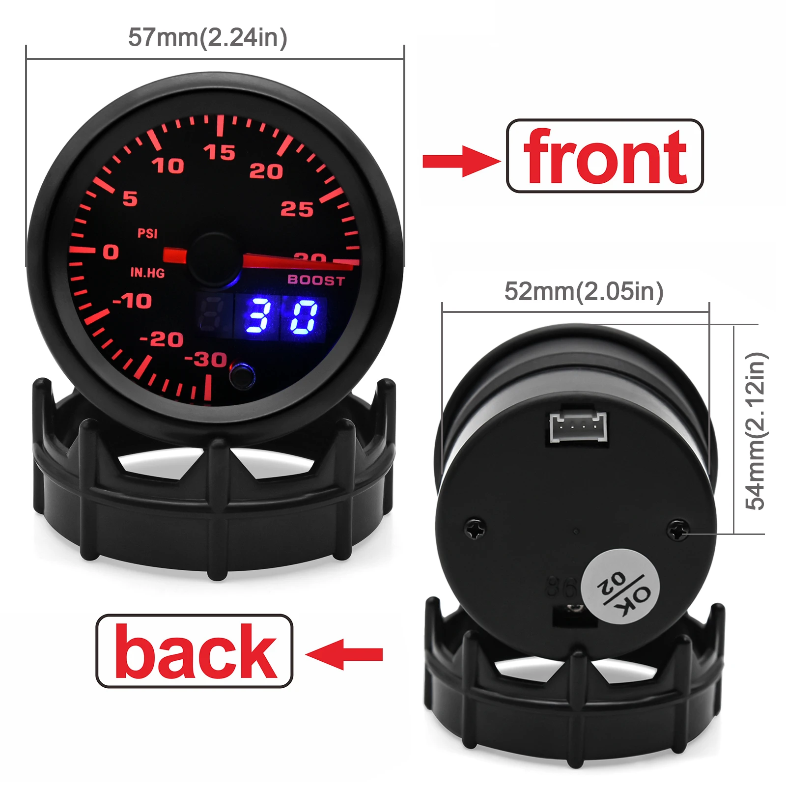 HD Dual Display 52MM 7 Colors Backlight Turbo Boost Gauge -30~30 PSI Boost Meter with Stepper Motor Boost Sensor Vacuum Gauge