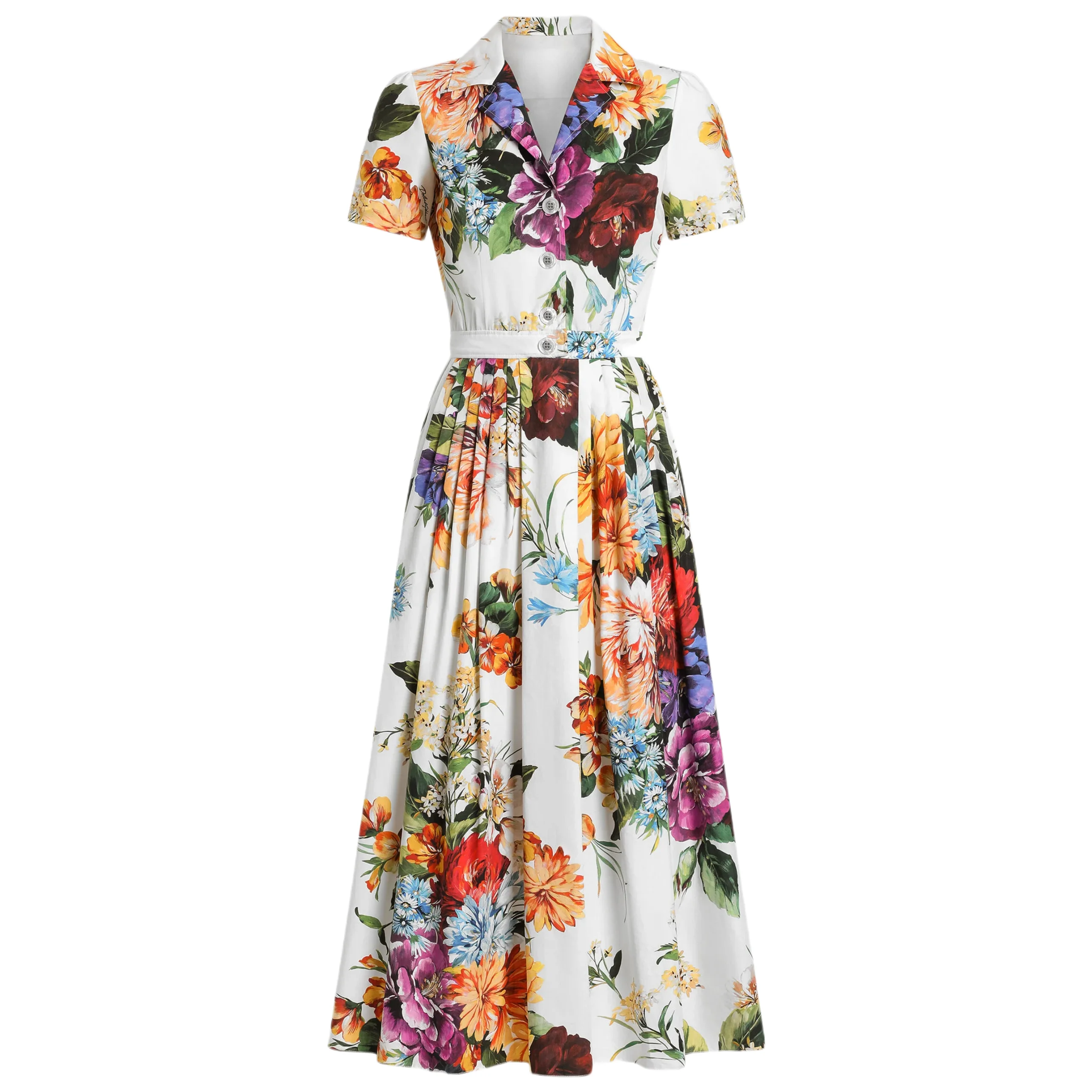 

2025 Summer Floral Poplin Shirt Dress Women Turn-Down Collar Short Sleeve Midi Dress Beach Vacation Elegant Button Down Sundress