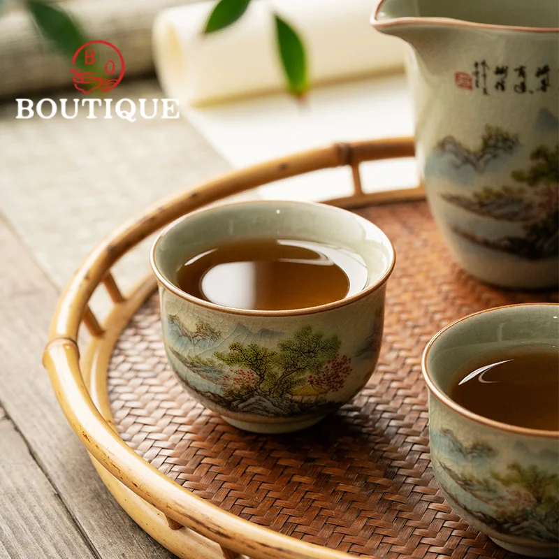 Handmade Old Pottery Mud Teacup Creative Landscape Tea Cup Set Smelling Cup Tea Bowl Fragrance Cup Tea Services Ornaments Gifts