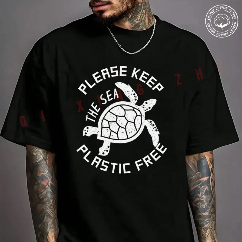 

Please Keep The Sea Plastic Free Motorcycle T-Shirt For Riders Men's Cotton Fashion Casual High Quality Round Neck Tshirt Tee