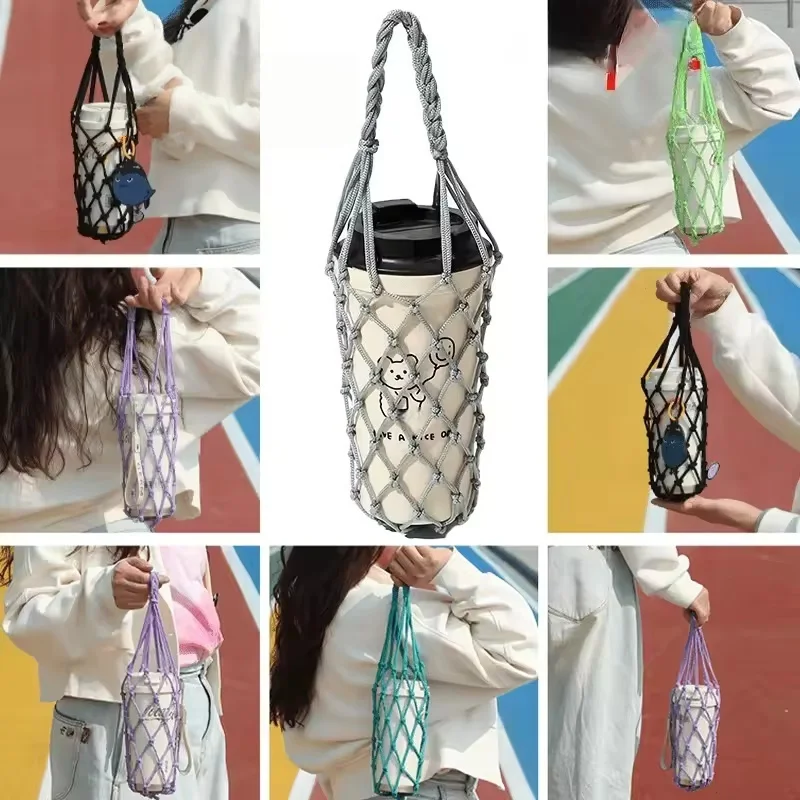 

Handmade Woven Mesh Bag Portable Coffee Cup Holder Reusable Water Bottle Tote Bag Multi Purpose Small Item Storage