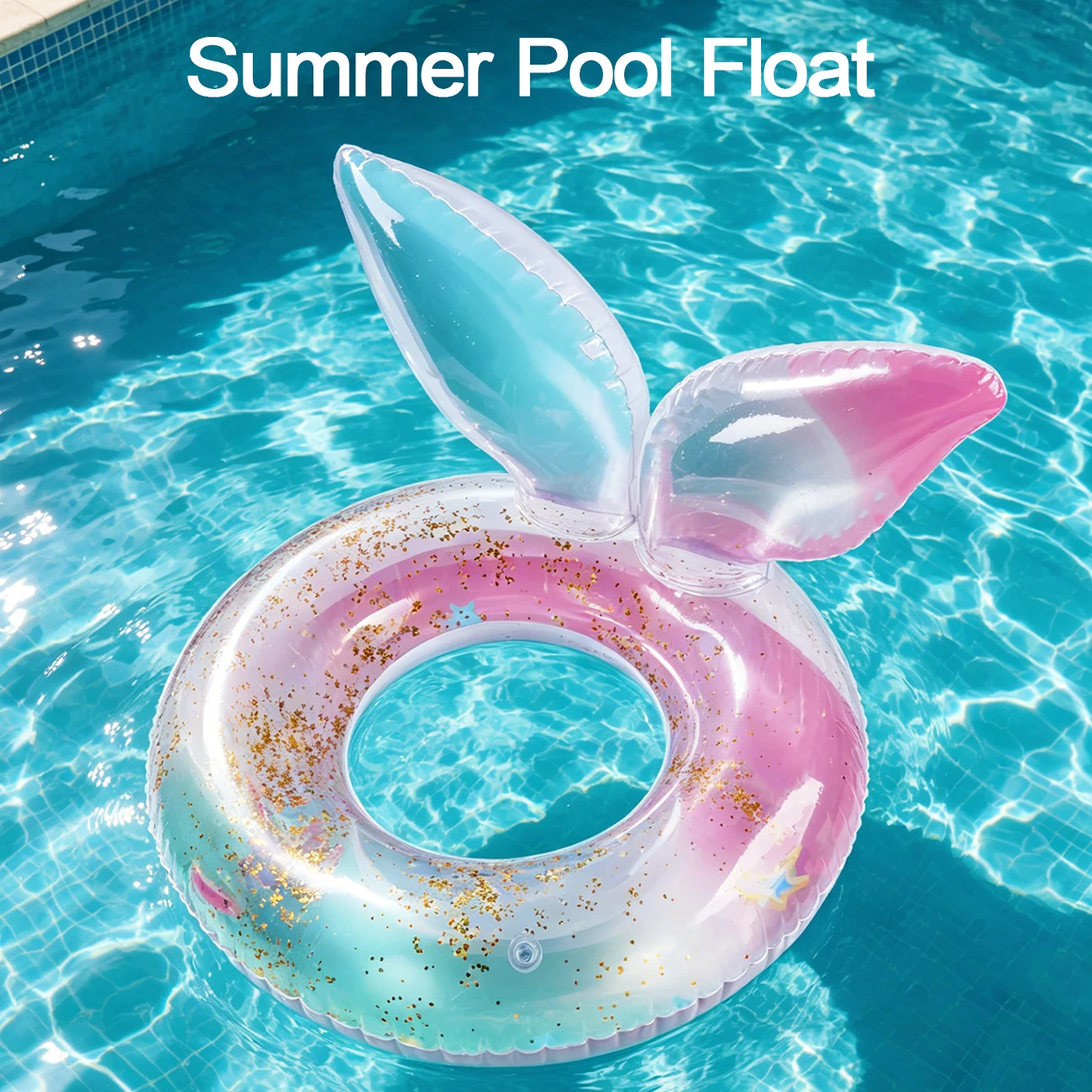 

1PC Glitter Bunny Ear Inflatable Swim Ring Pool Float Durable PVC Rainbow Floating Tube for Summer Beach Pool Party
