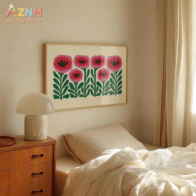AZNM Minimalist Abstract Pink Red Poppy Canvas Wall Art Green Leaf Retro Floral Block Print Unframed Canvas Boho Living Room Dec