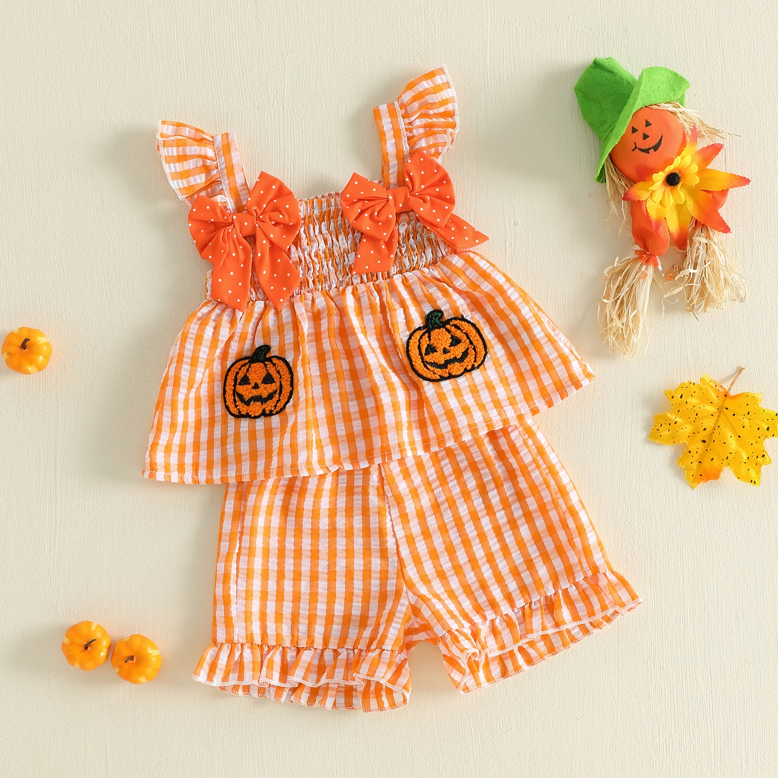 Toddler Girl Halloween Outfits Pumpkin/Ghost/Bat Embroidered Plaid Print Fly Sleeve Square Neck Tops Shorts 2 Pieces Set