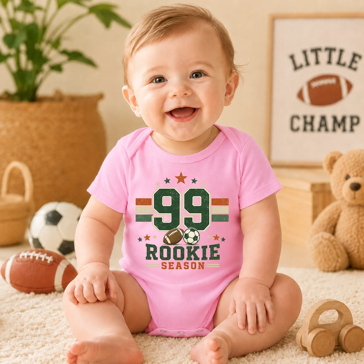 Baby Short Sleeve Bodysuit 99 Rookie Season Football Soccer Print Newborn Onesie Soft Cotton Infant Romper Sports Outfit Baby Sh