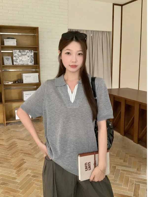 

plus Size Women's Lazy Style Casual Turn-down Collar Color Block Ice Silk Knitted Top Summer New Loose Versatile Trendy Top
