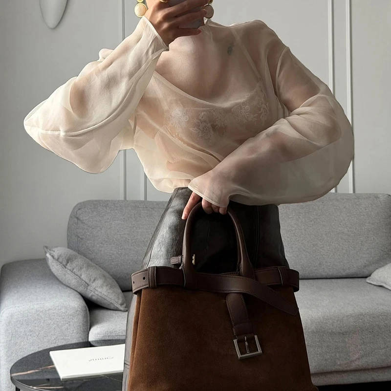

Women Spring New Cover-up Top Fashion Temperament See-through Mesh Long Sleeve Tops Sexy Loose O-neck Solid Color Commute Blouse