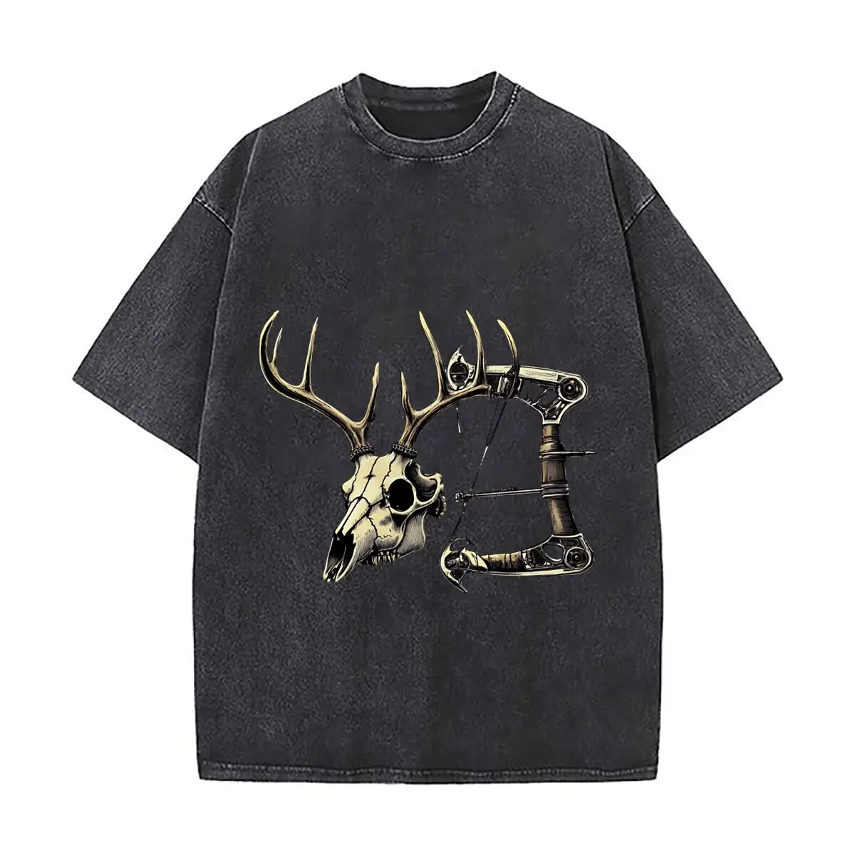 Vintage Deer Skull Crossbow Hunting Art Distressed Faded Baggy Streetwear Tops for Park Hangouts